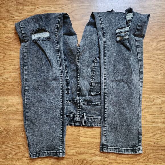 M Society Politically Incorrect Jeans Mens Size 34x32 Black Distressed Patched - Picture 4 of 12